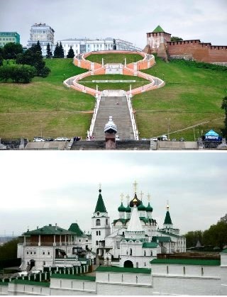 Достопримечательности Нижнего Новгорода. Чкаловская лестница, вид с Волги (верхнее фото) и Вознесенский Печерский монастырь
