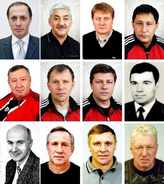 Руководители и административно-тренерский состав клубов «Уральский трубник» и «СКА-Свердловск». Верхний ряд (слева-направо): М. Мори, Э. Хафизов, С. Сотин, В. Алимов. Средний ряд: В. Эйхвальд, А. Жеребков, А. Шмидт, Н. Дураков. Нижний ряд: С. Еркомайшвили, С. Пискунов, Л. Жаров, А. Шварцман